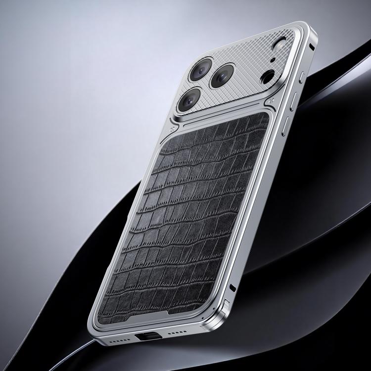 For iPhone 17 Pro Luxury Leather-Texture Magnetic Metal Phone Case with Spring Buckle(Silver Black)