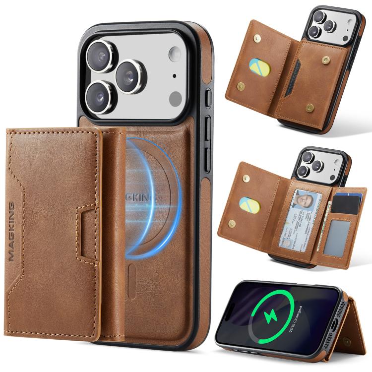 For iPhone 17 Pro MAGKING K4 Series MagSafe RFID Tri-fold Card Bag Detachable Phone Case(Brown)