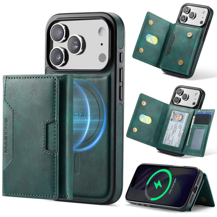 For iPhone 17 Pro MAGKING K4 Series MagSafe RFID Tri-fold Card Bag Detachable Phone Case(Green)