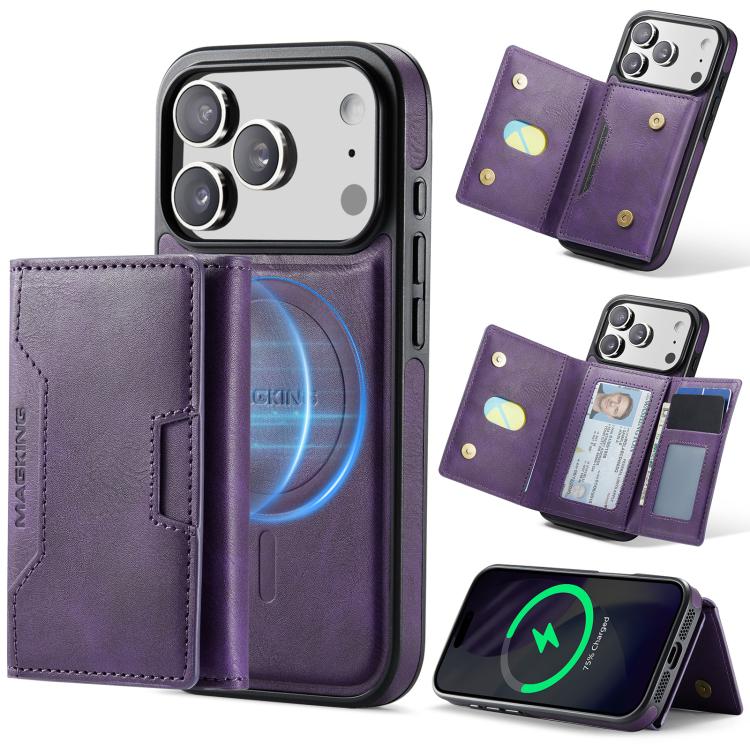 For iPhone 17 Pro MAGKING K4 Series MagSafe RFID Tri-fold Card Bag Detachable Phone Case(Purple)