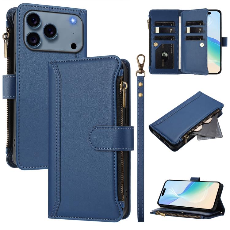 For iPhone 17 Pro Magnetic Closure 9 Card Slots Zipper Leather Case with Hand Strap(Dark Blue)