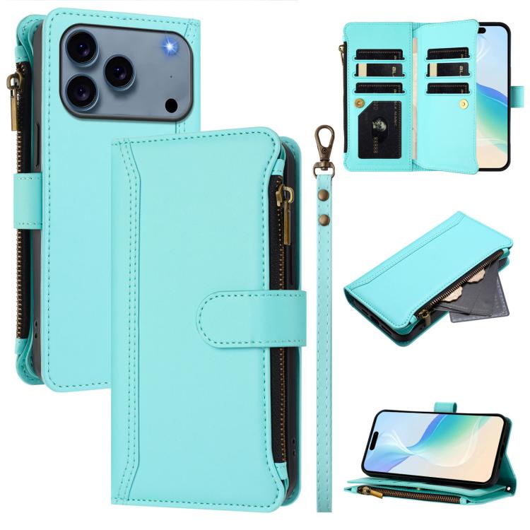 For iPhone 17 Pro Magnetic Closure 9 Card Slots Zipper Leather Case with Hand Strap(Mint Green)