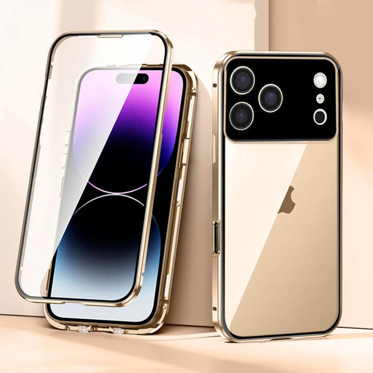 For iPhone 17 Pro Magnetic Double-buckle HD Tempered Glass Phone Case(Gold)