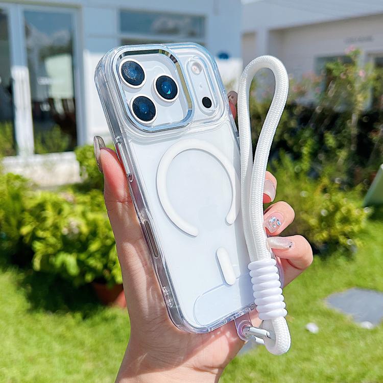 For iPhone 17 Pro MagSafe Magnetic Clear Phone Case with Wrist Strap(White)