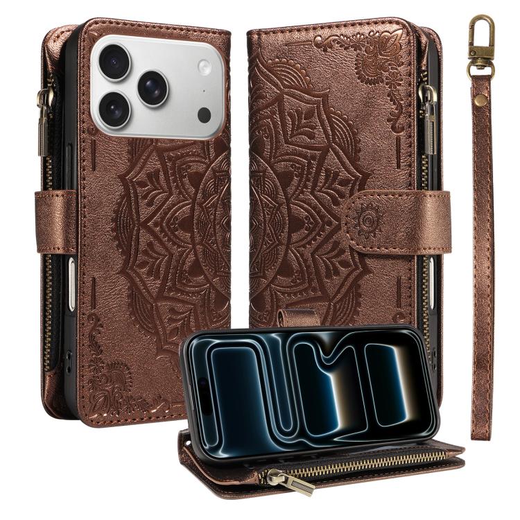 For iPhone 17 Pro Mandala Embossed 9-Card Zipper RFID Vegan Leather Phone Case with Short Lanyard(Brown)