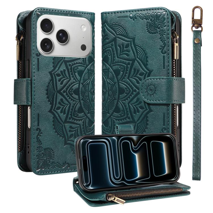 For iPhone 17 Pro Mandala Embossed 9-Card Zipper RFID Vegan Leather Phone Case with Short Lanyard(Green)