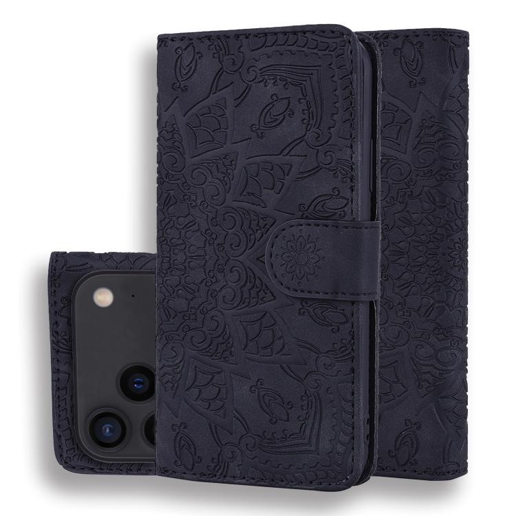 For iPhone 17 Pro Mandala Embossed Dual-Fold Calf Leather Phone Case(Black)