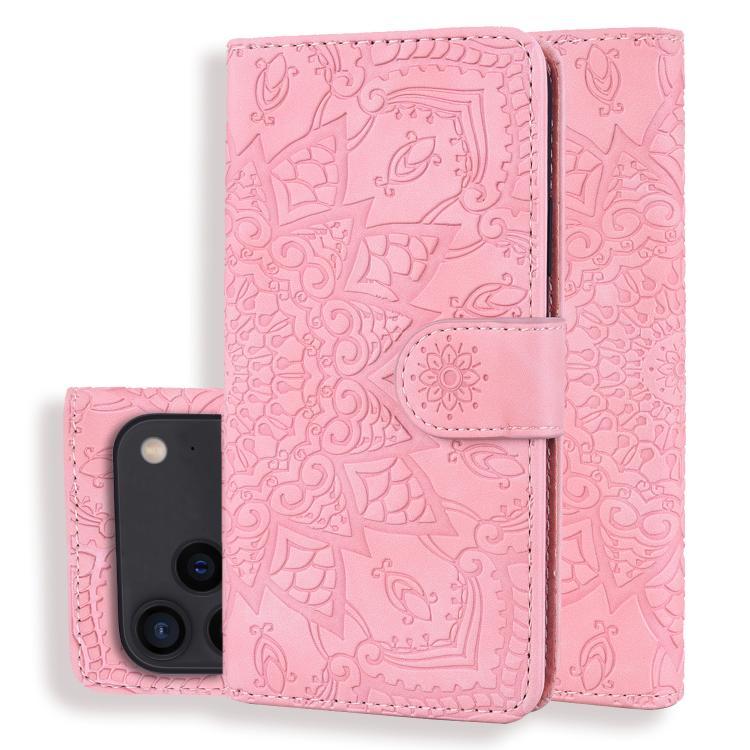 For iPhone 17 Pro Mandala Embossed Dual-Fold Calf Leather Phone Case(Pink)
