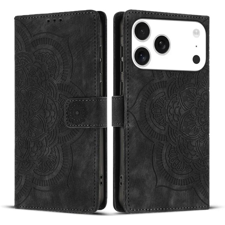 For iPhone 17 Pro Mandala Embossed Retro Frosted Leather Phone Case(Black)