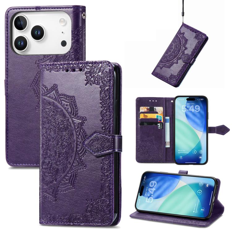 For iPhone 17 Pro Mandala Flower Embossed Leather Phone Case(Purple)