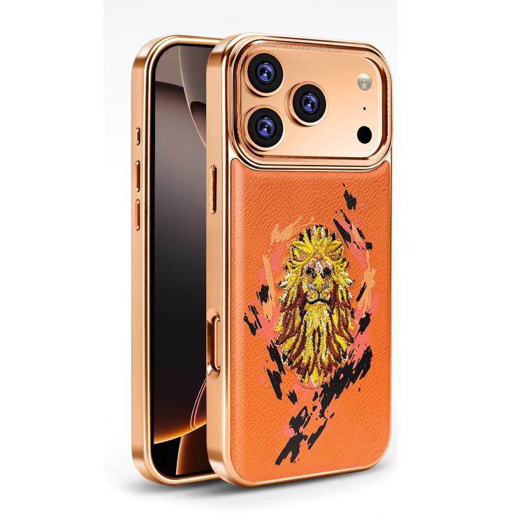 For iPhone 17 Pro Max Embroidered Graffiti Vegan Leather Shield Electroplated Magnetic Phone Case(Orange)