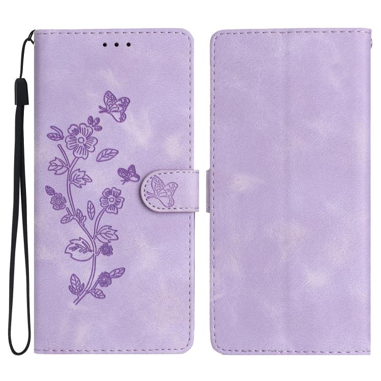 For iPhone 17 Pro Max Flower Butterfly Embossing Pattern Leather Phone Case(Purple)