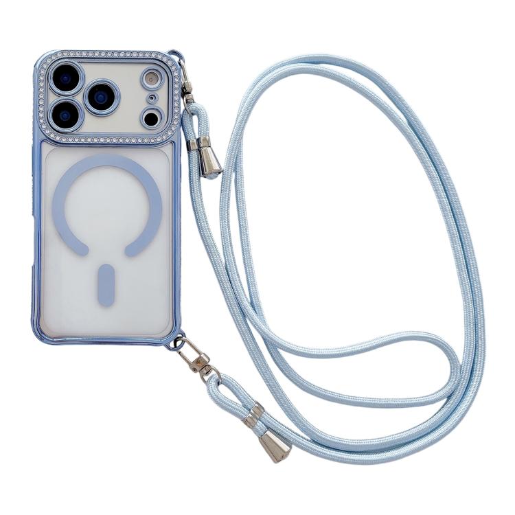 For iPhone 17 Pro Max Rhinestone Clear Acrylic Electroplated Magnetic Phone Case with Right-Side Crossbody Lanyard(Blue)