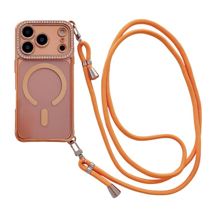 For iPhone 17 Pro Max Rhinestone Clear Acrylic Electroplated Magnetic Phone Case with Right-Side Crossbody Lanyard(Orange)
