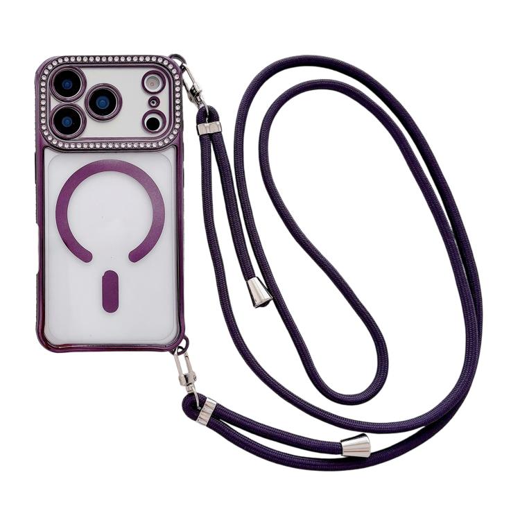 For iPhone 17 Pro Max Rhinestone Clear Acrylic Electroplated Magnetic Phone Case with Right-Side Crossbody Lanyard(Purple)
