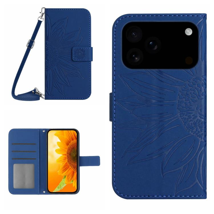 For iPhone 17 Pro Max Skin Feel Sun Flower Embossed Flip Leather Phone Case with Lanyard(Dark Blue)