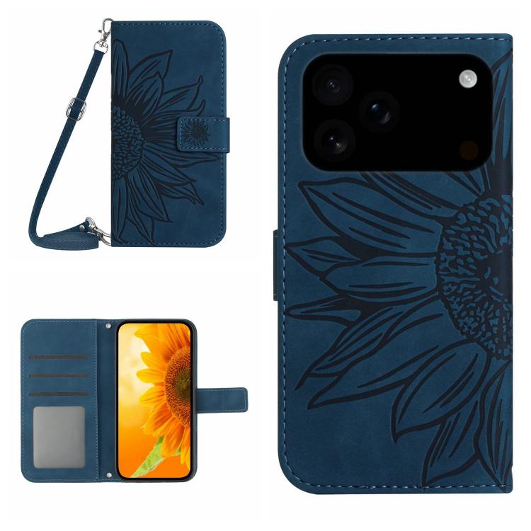 For iPhone 17 Pro Max Skin Feel Sun Flower Embossed Flip Leather Phone Case with Lanyard(Inky Blue)