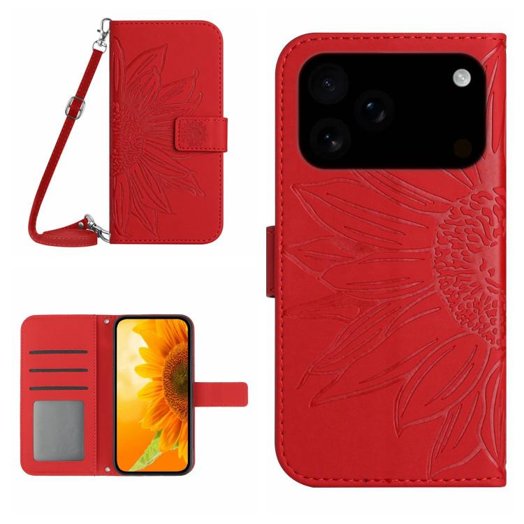 For iPhone 17 Pro Max Skin Feel Sun Flower Embossed Flip Leather Phone Case with Lanyard(Red)