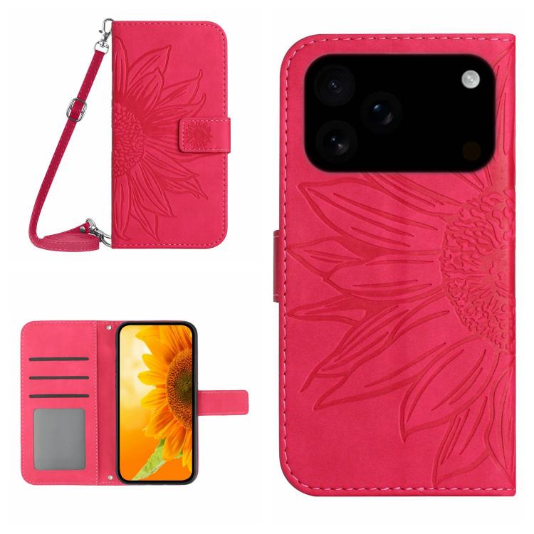 For iPhone 17 Pro Max Skin Feel Sun Flower Embossed Flip Leather Phone Case with Lanyard(Rose Red)