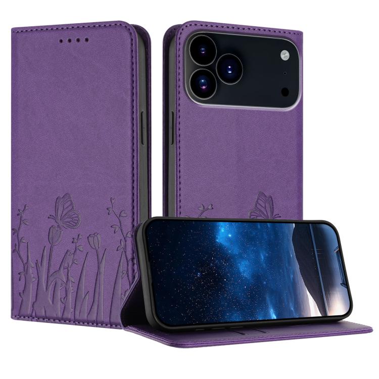 For iPhone 17 Pro Max Tulips Butterfly Pattern Magnetic Vegan Leather Phone Case(Dark Purple)