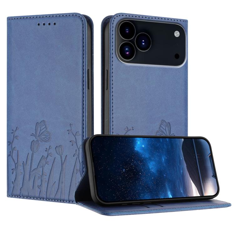For iPhone 17 Pro Max Tulips Butterfly Pattern Magnetic Vegan Leather Phone Case(Royal Blue)