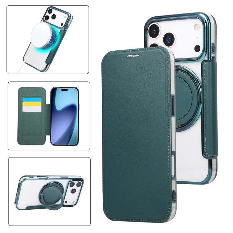 For iPhone 17 Pro Max Ultra-thin Rotation Holder Magnetic Plating Vegan Leather Phone Case(Blackish Green)