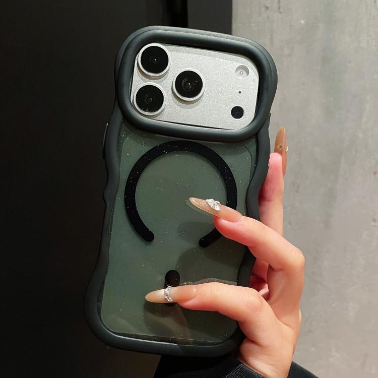 For iPhone 17 Pro Max Wavy Edge Translucent Glitter Magnetic Phone Case(Black)