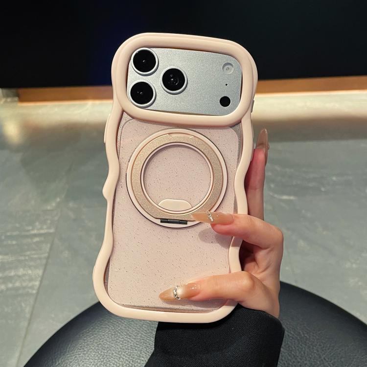 For iPhone 17 Pro Max Wavy Edge Translucent Glitter Rotating Bracket Magnetic Phone Case(Pink)