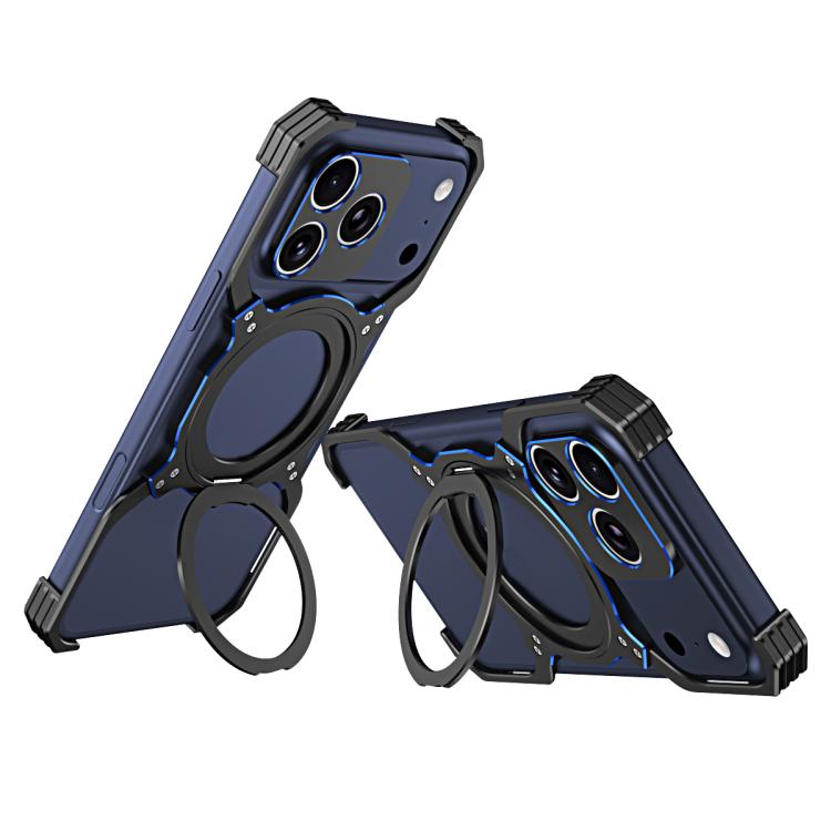 For iPhone 17 Pro Mechanical Arm Borderless MagSafe Holder Metal Phone Case(Black Blue)