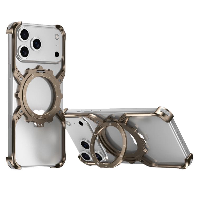 For iPhone 17 Pro Mechanical Gear MagSafe Holder Borderless Metal Phone Case(Gold)