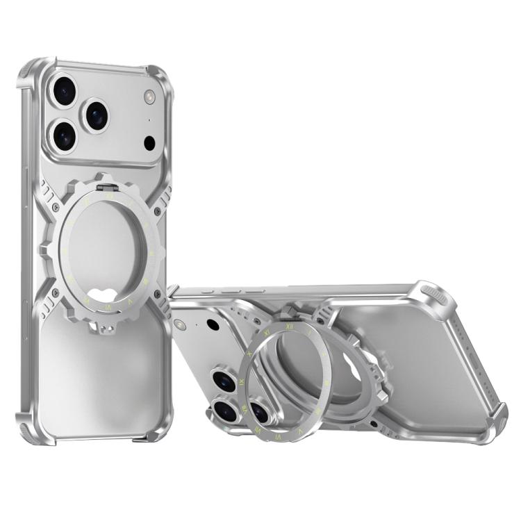 For iPhone 17 Pro Mechanical Gear MagSafe Holder Borderless Metal Phone Case(Silver)