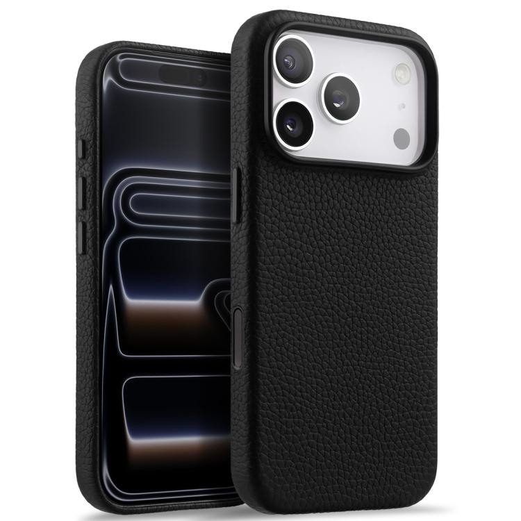 For iPhone 17 Pro melkco Litchi Texture Magnetic Full Coverage Genuine Leather Phone Case with AI Button(Black)