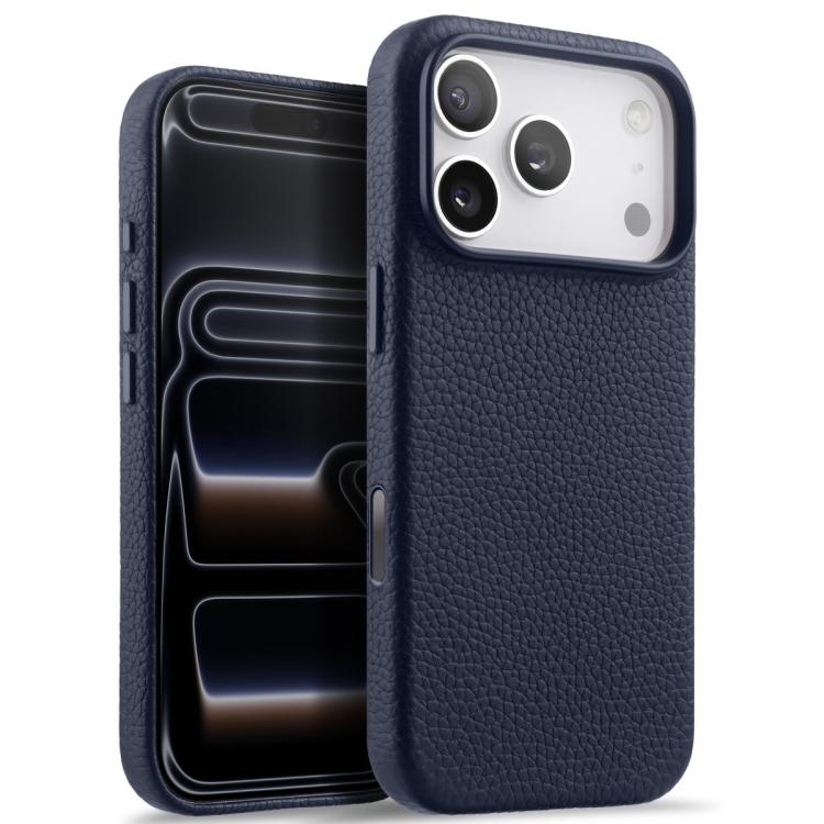 For iPhone 17 Pro melkco Litchi Texture Magnetic Full Coverage Genuine Leather Phone Case with AI Button(Dark Blue)