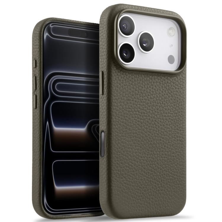 For iPhone 17 Pro melkco Litchi Texture Magnetic Full Coverage Genuine Leather Phone Case with AI Button(Grey)