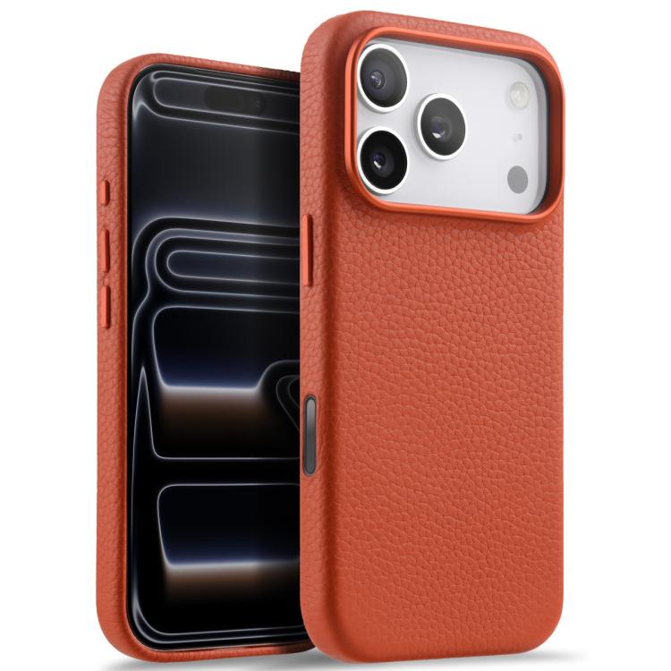 For iPhone 17 Pro melkco Litchi Texture Magnetic Full Coverage Genuine Leather Phone Case with AI Button(Orange)