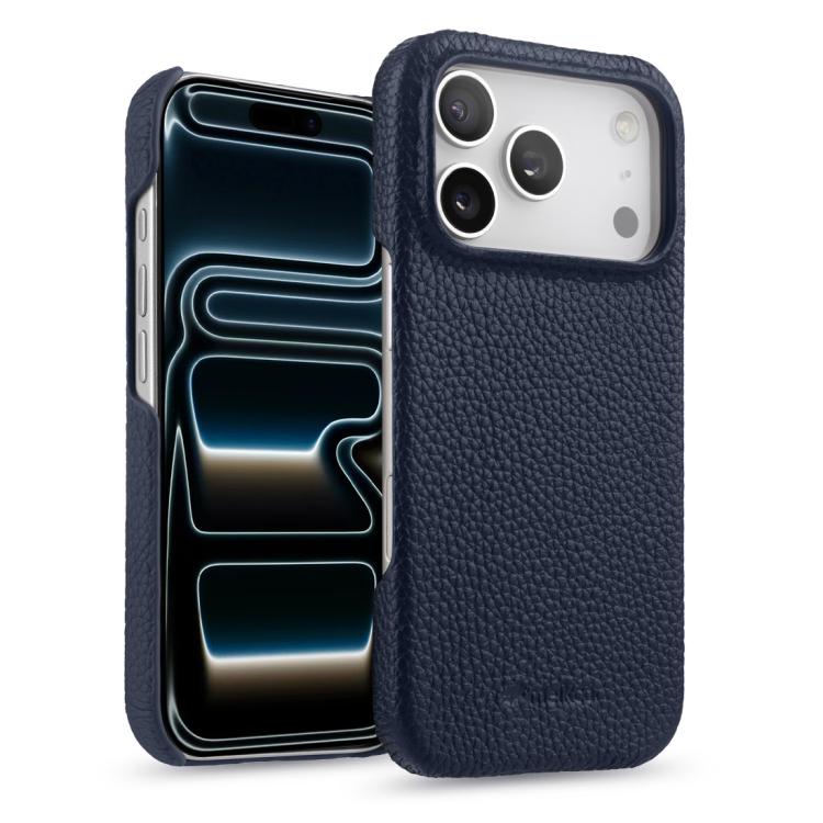 For iPhone 17 Pro melkco Litchi Texture Magnetic Half Coverage Genuine Leather Phone Case(Dark Blue)