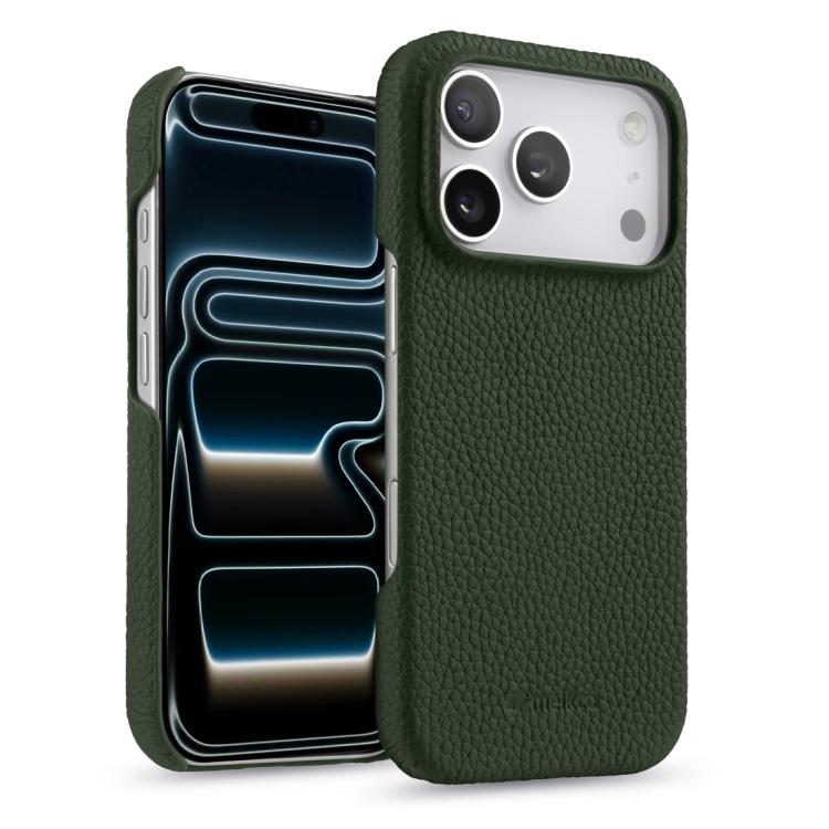 For iPhone 17 Pro melkco Litchi Texture Magnetic Half Coverage Genuine Leather Phone Case(Dark Green)