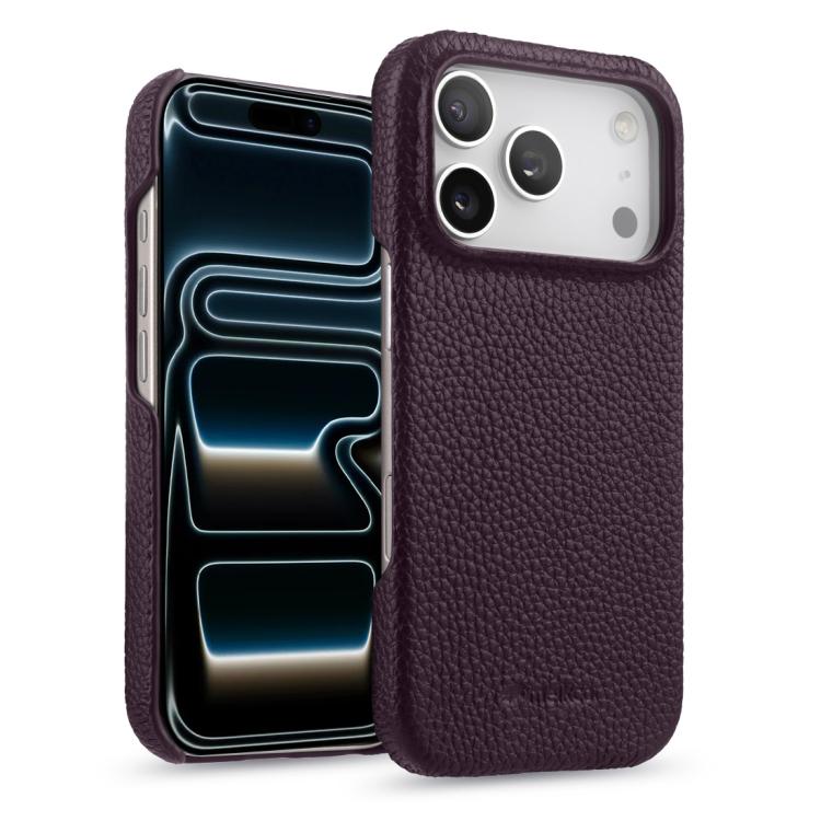 For iPhone 17 Pro melkco Litchi Texture Magnetic Half Coverage Genuine Leather Phone Case(Dark Purple)