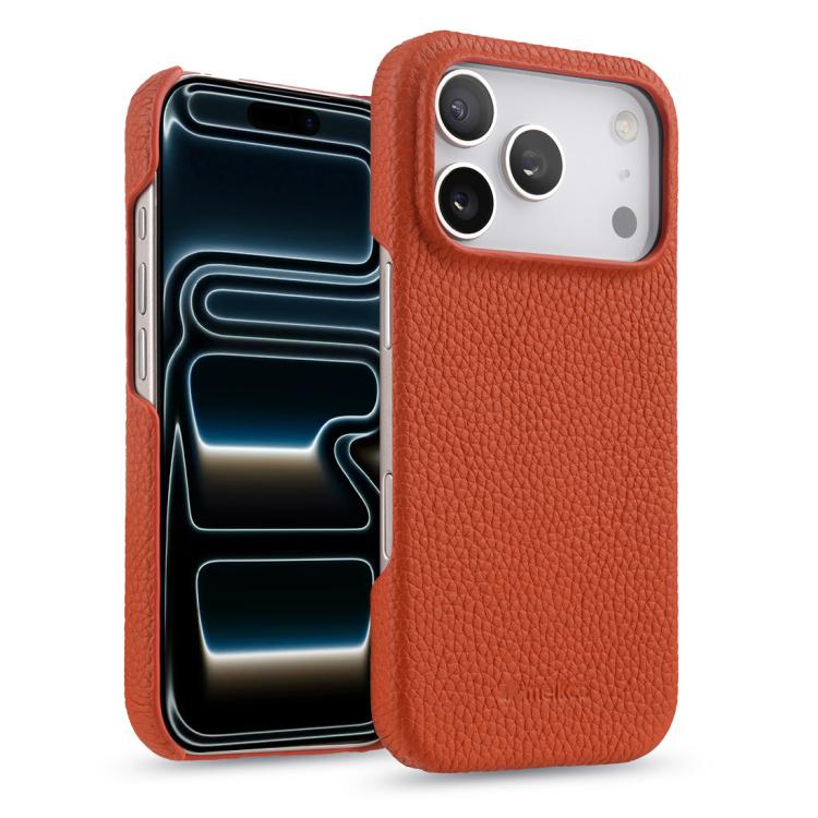 For iPhone 17 Pro melkco Litchi Texture Magnetic Half Coverage Genuine Leather Phone Case(Orange)