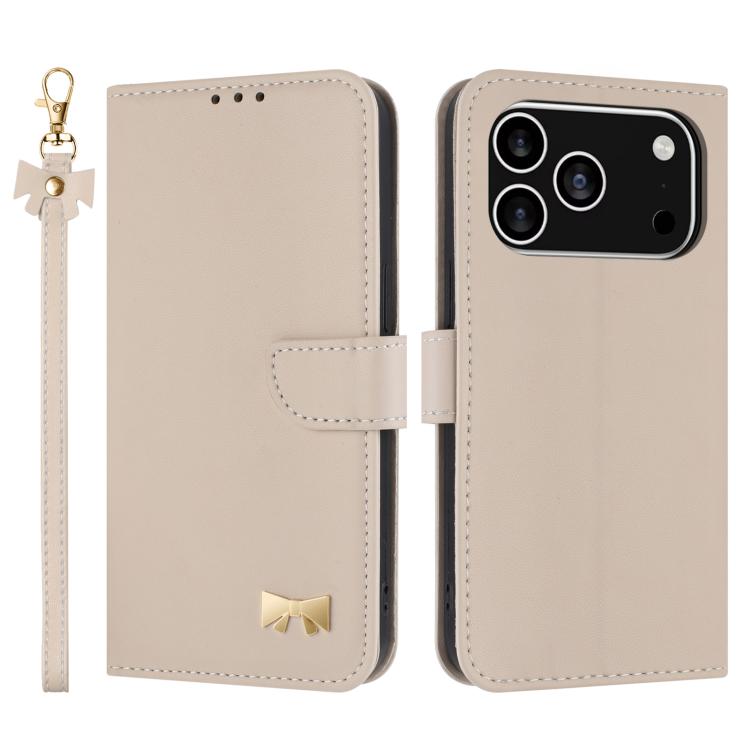 For iPhone 17 Pro Metal Bow Leather Phone Case with Hand Strap(Apricot)