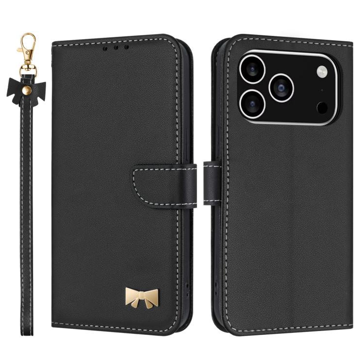 For iPhone 17 Pro Metal Bow Leather Phone Case with Hand Strap(Black)