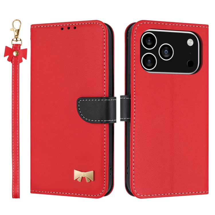 For iPhone 17 Pro Metal Bow Leather Phone Case with Hand Strap(Red)