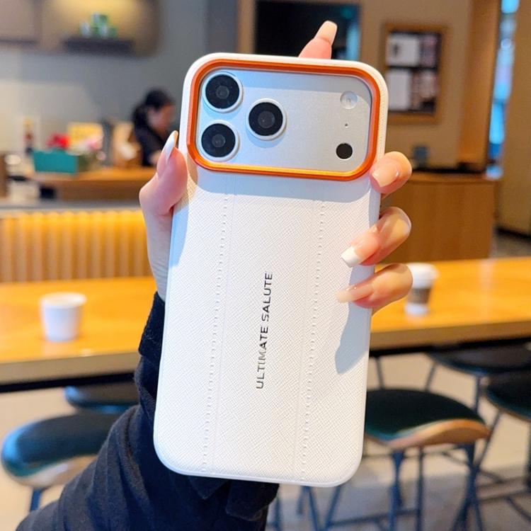 For iPhone 17 Pro Metal Camera Lens Frame Buttons Vegan Leather Phone Case(White)