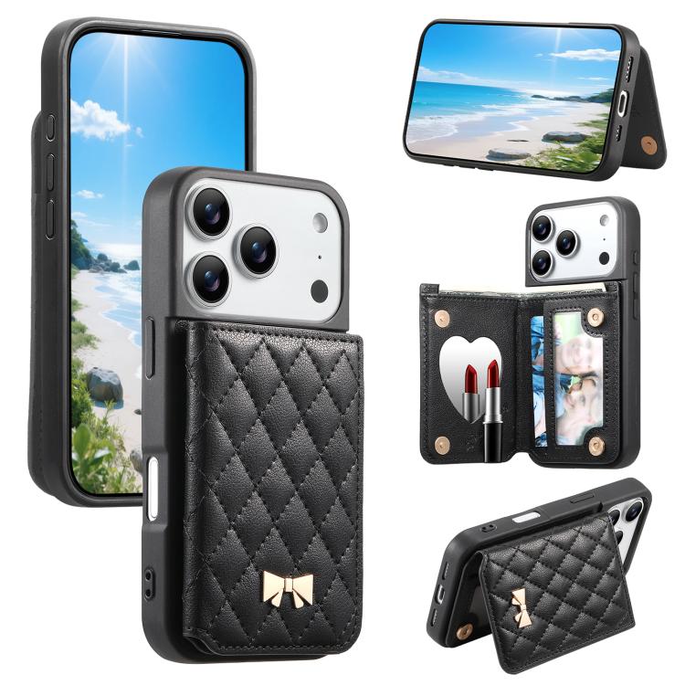 For iPhone 17 Pro Mirror Rhombic Texture Metal Bow-knot Vegan Leather Card Bag Phone Case(Black)