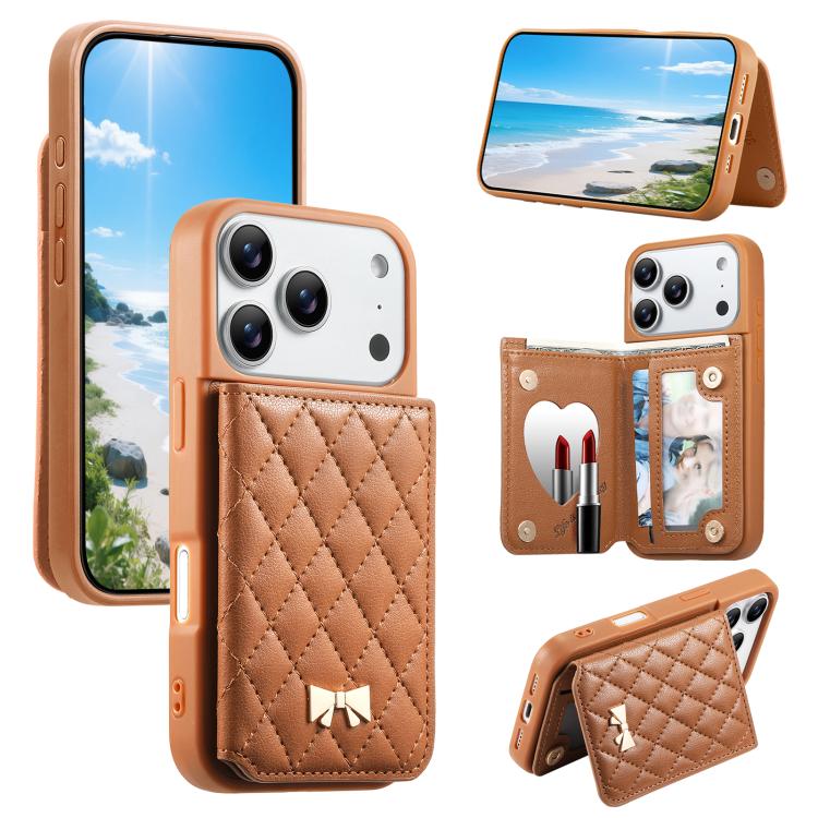 For iPhone 17 Pro Mirror Rhombic Texture Metal Bow-knot Vegan Leather Card Bag Phone Case(Brown)