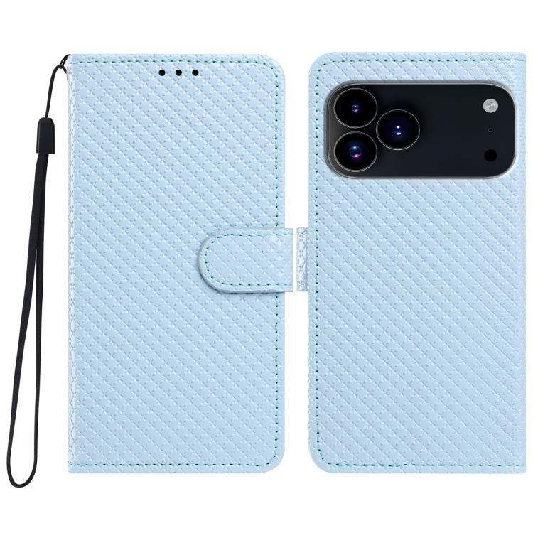 For iPhone 17 Pro Mirrored Buckle Vegan Leather Phone Case with Small Black Cord(Blue)