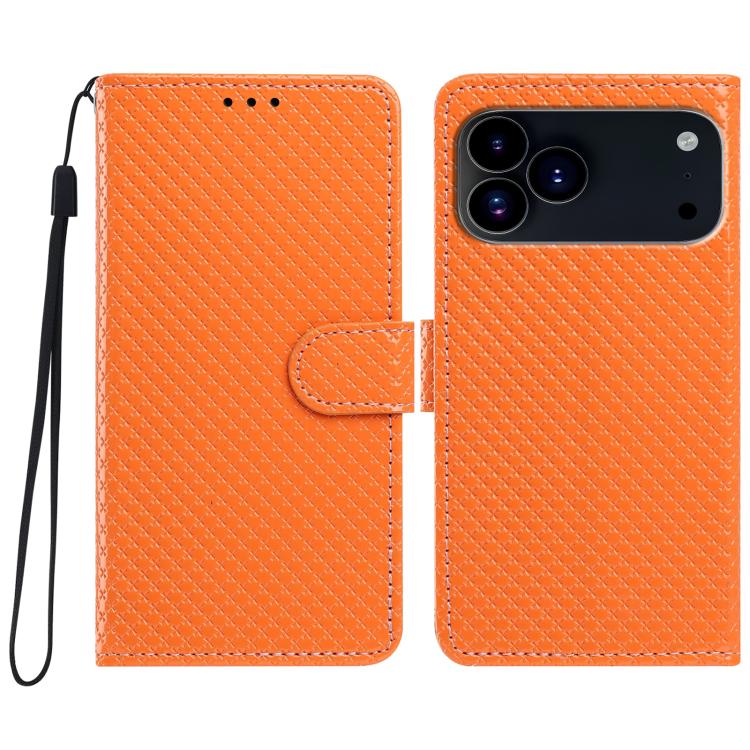 For iPhone 17 Pro Mirrored Buckle Vegan Leather Phone Case with Small Black Cord(Orange)