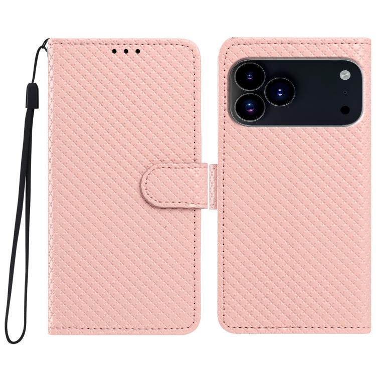 For iPhone 17 Pro Mirrored Buckle Vegan Leather Phone Case with Small Black Cord(Pink)