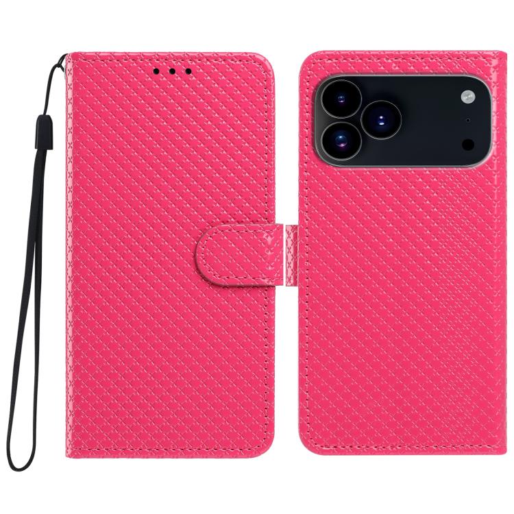 For iPhone 17 Pro Mirrored Buckle Vegan Leather Phone Case with Small Black Cord(Rose Red)