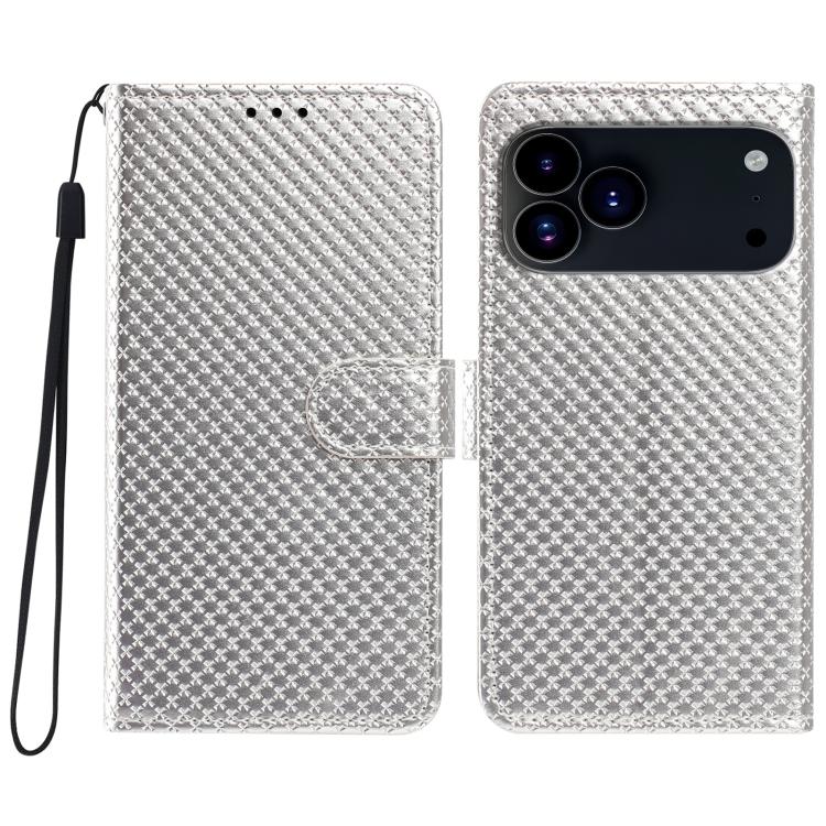 For iPhone 17 Pro Mirrored Buckle Vegan Leather Phone Case with Small Black Cord(Silver)